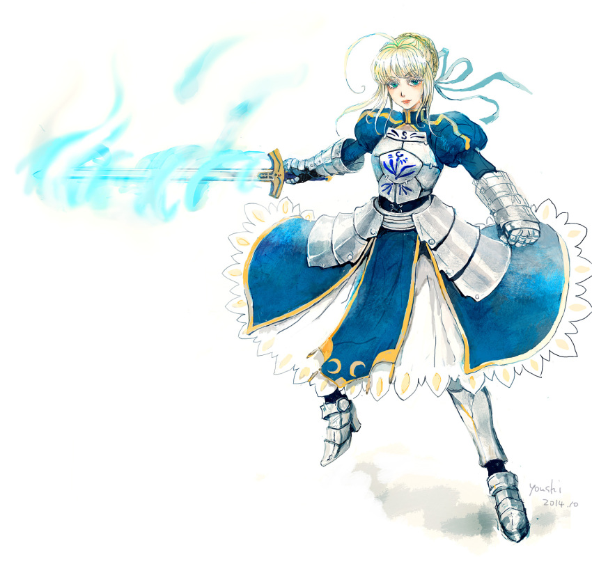 1girl, ahoge, armor, armored_dress, artoria_pendragon_(fate), blonde_hair, dress, excalibur_(fate/stay_night), fate/stay_night, fate_(series), faulds, female_focus, gauntlets, green_eyes, hair_ribbon, highres, looking_at_viewer, marugoshi_teppei, ribbon, saber_(fate), solo, sword, weapon, youshi