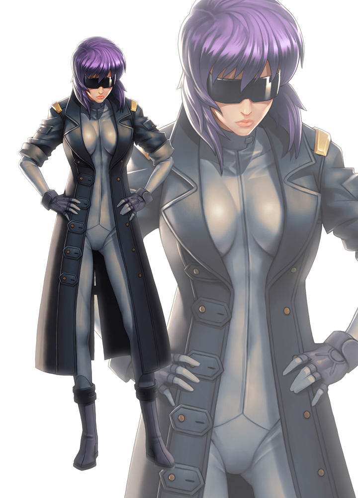 1girl, black_coat, bodysuit, boots, breasts, coat, cyborg, female_focus, fingerless_gloves, full_body, ghost_in_the_shell, ghost_in_the_shell:_stand_alone_complex, gloves, hands_on_own_hips, ikegami_noroshi, jacket, kusanagi_motoko, large_breasts, purple_hair, short_hair, solo, sunglasses, tinted_eyewear, trench_coat, visor, wrap-around_shades, zoom_layer