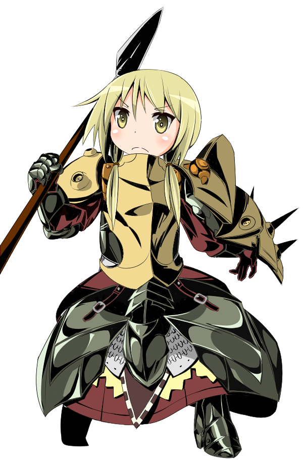 1girl, armor, blonde_hair, blush, boots, breastplate, buckle, chainmail