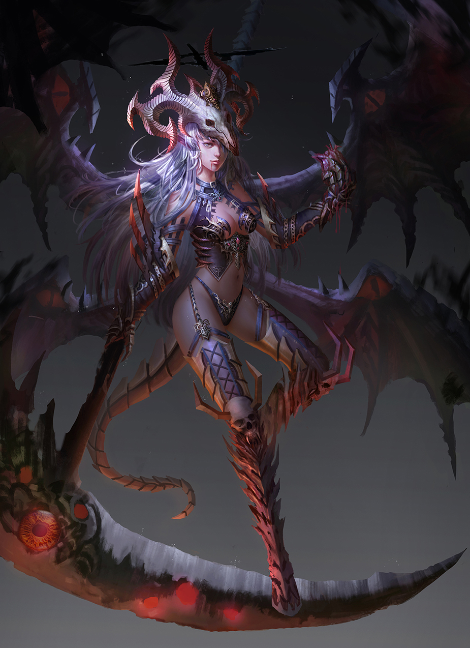 1girl, animal_skull, bare_shoulders, black_panties, blood, boots, breasts, cleavage, corsage, corset, demon_girl, demon_tail, demon_wings, elbow_gloves, female_focus, full_body, garter_straps, gauntlets, gloves, grey_eyes, hbptcsg2, heart, highres, long_hair, looking_at_viewer, medium_breasts, metal_gloves, midriff, multiple_wings, navel, original, panties, revealing_clothes, scythe, silver_hair, solo, tail, thigh_boots, thighhighs, underboob, underwear, very_long_hair, wings, zi_ye_(hbptcsg2)