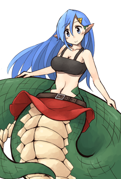 1girl, asymmetrical_hair, bandeau, belt, blue_eyes, blue_hair, breasts, cleavage