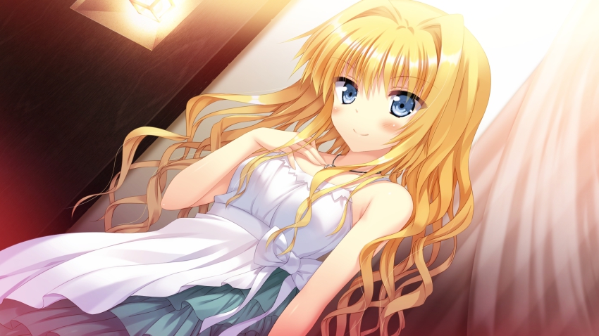 1girl, bare_shoulders, blonde_hair, blue_eyes, blush, casual, dress, dutch_angle, eve_elain_austin, female_focus, game_cg, hair_intakes, hand_on_own_chest, highres, jewelry, koiken_otome, lamp, long_hair, looking_at_viewer, necklace, official_art, smile, solo, tateha_(marvelous_grace), wavy_hair
