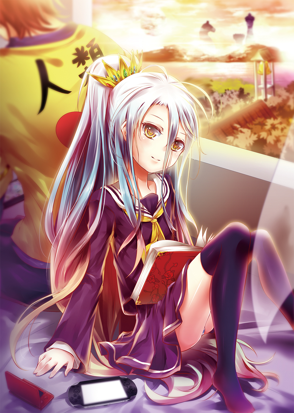 10s, 1boy, 1girl, back-to-back, blurry, book, brother_and_sister, brown_hair