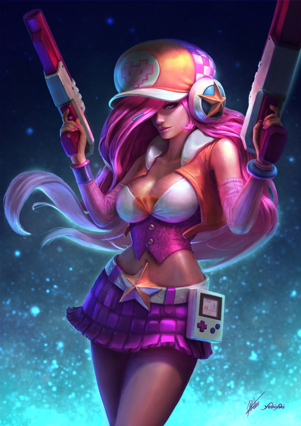 1girl, alternate_costume, arcade_miss_fortune, arm_warmers, artist_collaboration, bangle, belt, big_hair, blue_background, blue_eyes, bracelet, breasts, buttons, newsboy_cap, cameo, cassio_yoshiyaki, charmander, cleavage, corset, cowboy_shot, crop_top, cropped_vest, dual_wielding, earmuffs, female_focus, floating_hair, game_boy, game_boy_(original), gen_1_pokemon, gradient_hair, gun, hair_ornament, hair_over_one_eye, hairclip, handgun, handheld_game_console, hat, highres, holding, holding_gun, holding_weapon, image_sample, jewelry, large_breasts, league_of_legends, light_gun, light_purple_hair, lips, long_hair, looking_at_viewer, midriff, miniskirt, miss_fortune_(league_of_legends), multicolored_hair, nail_polish, narrow_waist, navel, nintendo, nose, one_eye_covered, patricia_kelen, patricia_kellen, pink_hair, pink_nails, pink_theme, pokemon, pokemon_(creature), purple_skirt, signature, skirt, solo, squirtle, standing, star_(symbol), tan, trigger_discipline, vest, weapon