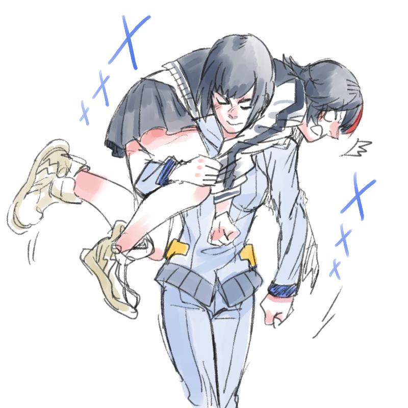 10s, 2girls, ^^^, alternate_costume, bad_id, bad_pixiv_id, carrying_over_shoulder, fireman's_carry, jacket, kill_la_kill, kiryuuin_satsuki, letterman_jacket, matoi_ryuuko, matoi_sakuretsu, multiple_girls, pants, shoes, siblings, sisters, skirt, sneakers, yuri