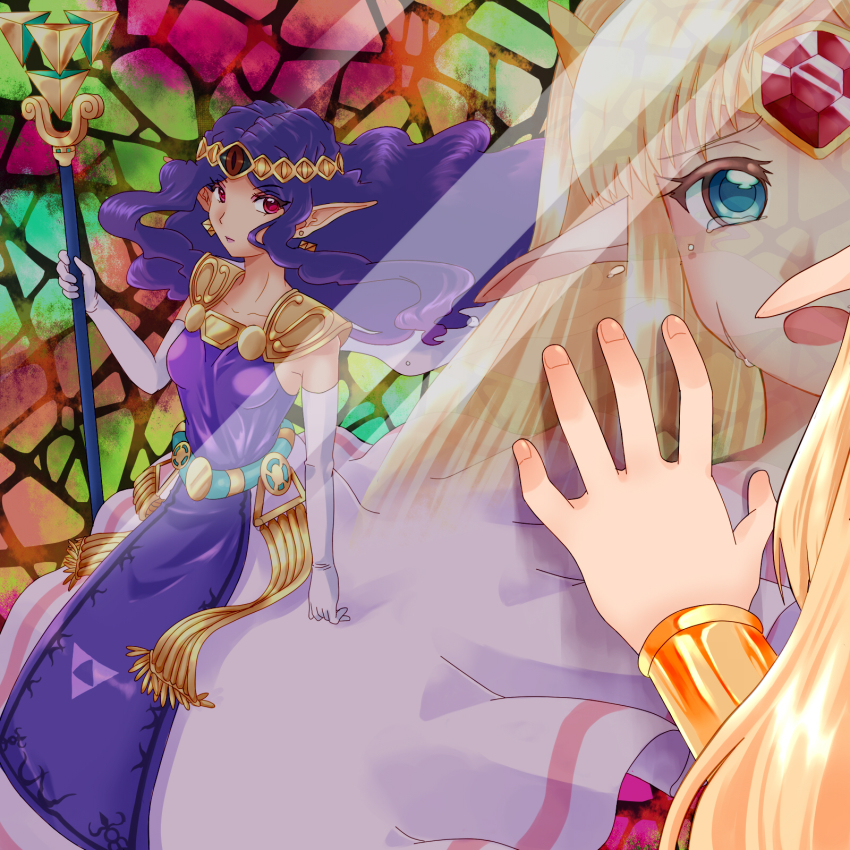 2girls, armor, atsurikacha, blonde_hair, blue_eyes, circlet, dress, earrings, elbow_gloves, gloves, gown, highres, jewelry, long_hair, multiple_girls, nintendo, open_mouth, pointy_ears, princess_hilda, princess_zelda, purple_hair, red_eyes, reflection, shoulder_armor, spoilers, staff, tears, the_legend_of_zelda, the_legend_of_zelda:_a_link_between_worlds, wrist_cuffs