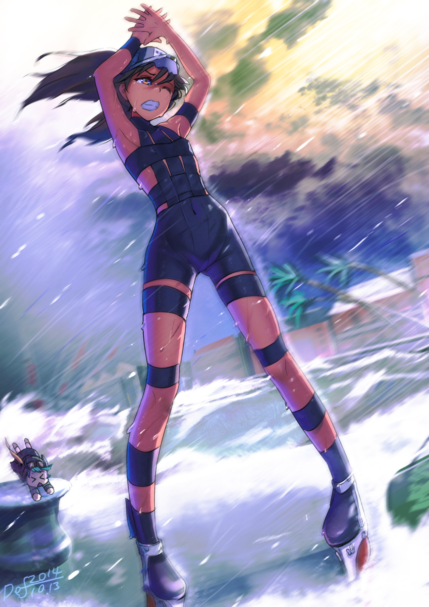 1girl, alternate_costume, arms_up, brown_eyes, brown_hair, clenched_teeth, damage_control_crew_(kancolle), damage_control_goddess_(kancolle), dated, def_(chronowarld), fairy_(kancolle), helmet_musume_(kancolle), highres, kantai_collection, long_hair, looking_away, maintenance_musume_(kancolle), parody, ryuujou_(kancolle), standing, storm, t.m.revolution, tears, teeth, twintails, type_0_fighter_model_62_fairy, visor_cap