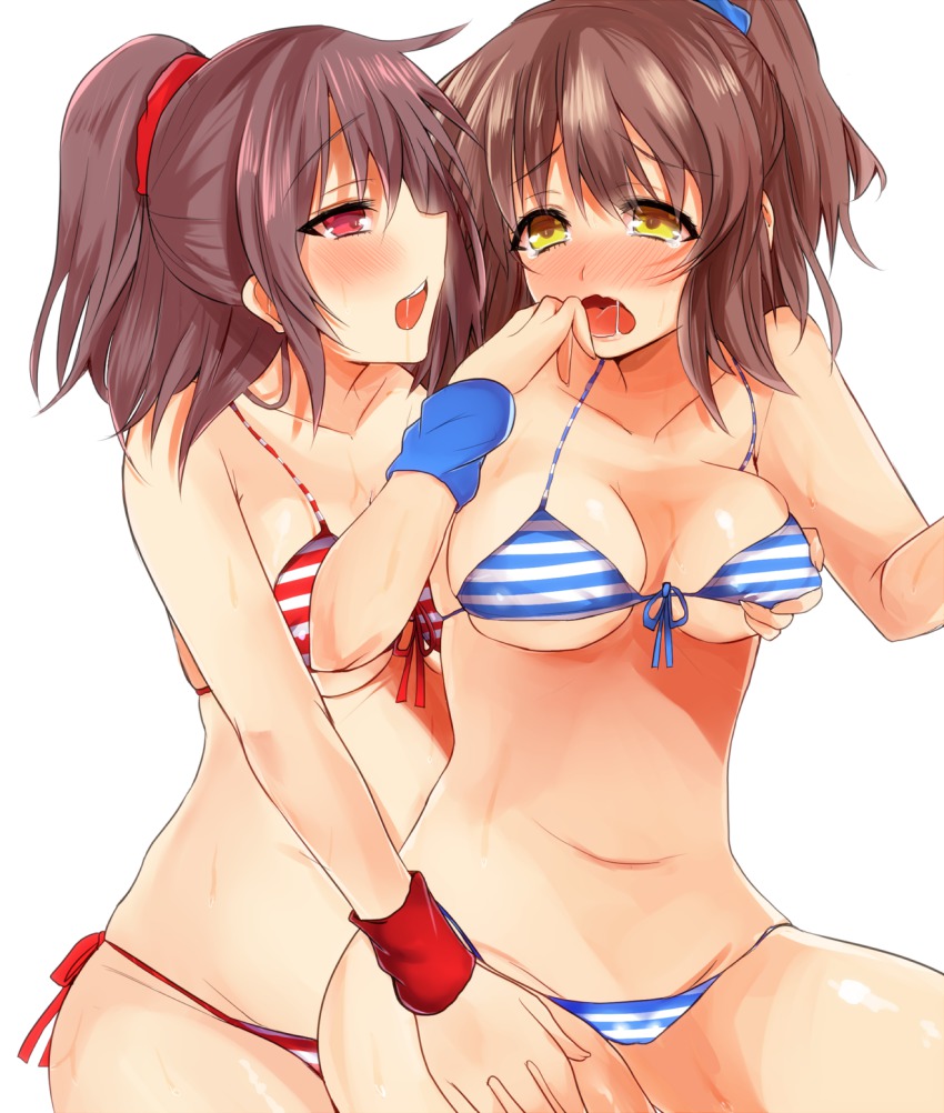 2girls, :o, arle_nadja, bad_id, bad_pixiv_id, bikini, blush, breasts, brown_hair, doppelganger_arle, eta_24, front-tie_bikini_top, front-tie_top, grabbing_another's_breast, groping, half_updo, highres, madou_monogatari, multiple_girls, puyopuyo, puyopuyo_n, red_eyes, saliva, short_hair, striped_bikini, striped_clothes, swimsuit, white_background, wrist_cuffs, yellow_eyes, yuri