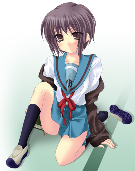 00s, 1girl, black_socks, female_focus, gradient_background, nagato_yuki, school_uniform, serafuku