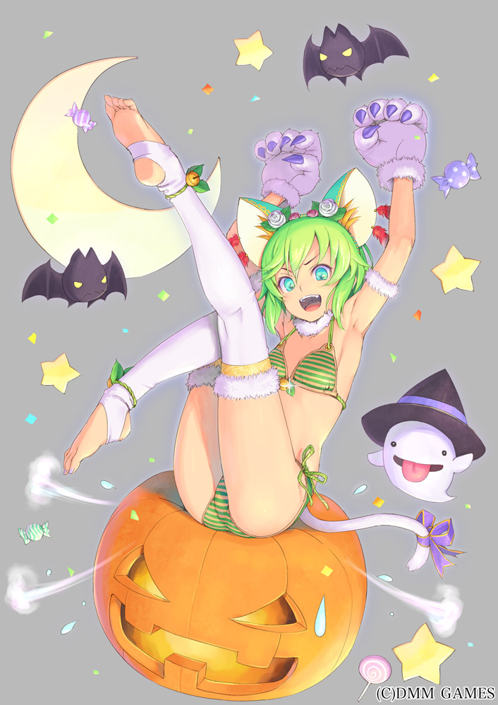 1girl, :d, animal_ears, animal_hands, anklet, armpits, arms_up, bad_id, bad_pixiv_id, barefoot, bat_(animal), bikini, blue_eyes, blush, candy, cat_ears, cat_tail, crescent_moon, feet, female_focus, food, ghost, gloves, green_hair, grey_background, halloween, jack-o'-lantern, jewelry, kneepits, last_summoner, leg_up, lollipop, moon, official_art, open_mouth, paw_gloves, piro_(artist), piro_(orip), robin_hood_(last_summoner), short_hair, smile, solo, star_(symbol), striped_bikini, striped_clothes, swimsuit, tail, toeless_legwear, toes, white_legwear