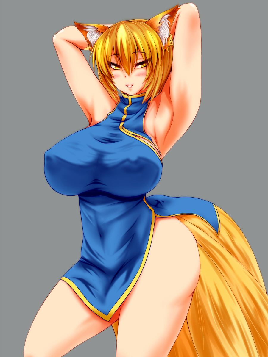 1girl, alternate_costume, animal_ears, armpits, arms_behind_head, arms_up, blonde_hair, blue_dress