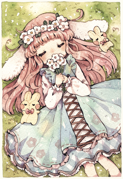 1girl, animal_ears, closed_eyes, dress, female_focus, flower, grass, hair_flower