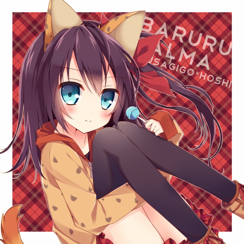 1girl, animal_ears, balulu_alma, blue_eyes, bow, brown_hair, candy, casual, cat_ears, cat_tail, character_name, dog_ears, dog_tail, emil_chronicle_online, female_focus, food, hair_bow, hair_ribbon, highres, holding, hoshi_(snacherubi), hugging_own_legs, lollipop, long_hair, looking_at_viewer, ribbon, side_ponytail, smile, solo, tail