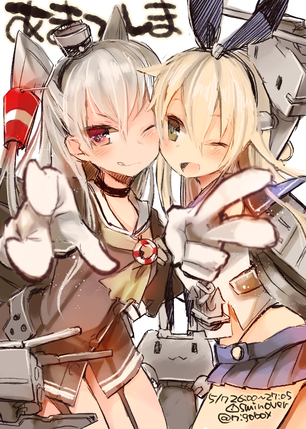 10s, 2girls, amatsukaze_(kancolle), blonde_hair, brown_eyes, gloves, grey_hair, hairband