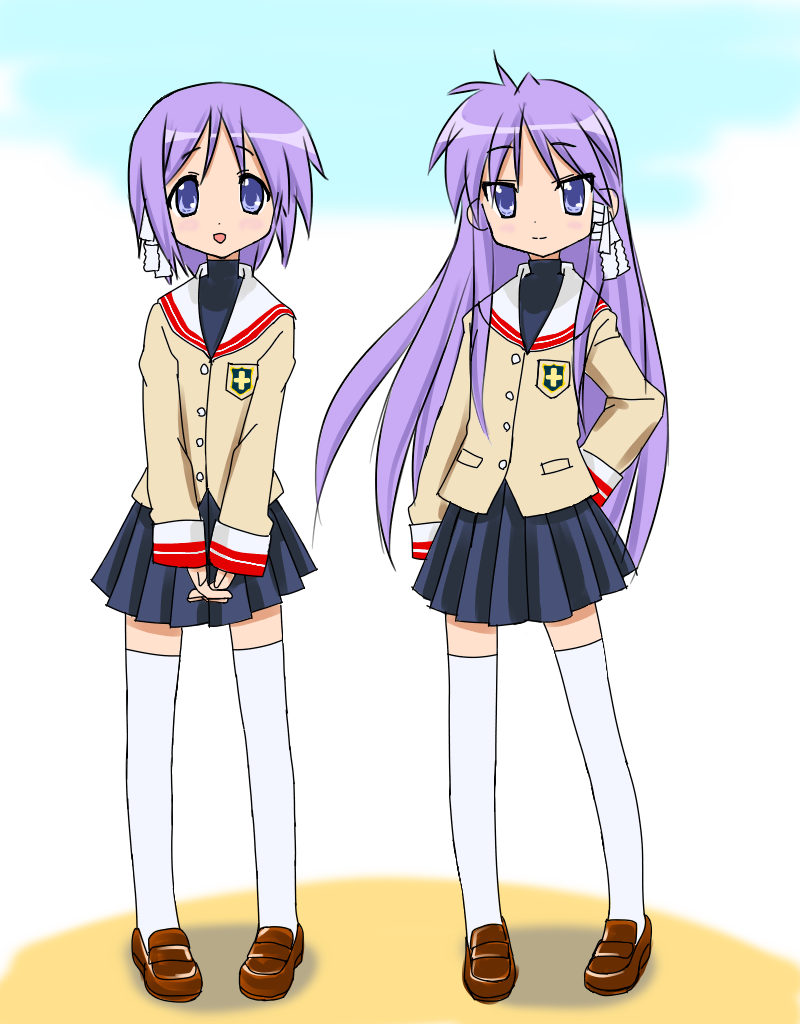 2girls, blue_eyes, blush, clannad, company_connection, cosplay, fujibayashi_kyou, fujibayashi_kyou_(cosplay), fujibayashi_ryou, fujibayashi_ryou_(cosplay), full_body, furukawa_nagisa_(cosplay), hiiragi_kagami, hiiragi_tsukasa, kyoto_animation, long_hair, look-alike, lucky_star, miniskirt, multiple_girls, nakahara_mai, open_mouth, purple_hair, school_uniform, short_hair, siblings, sisters, skirt, smile, thighhighs, trait_connection, twins, white_legwear, zettai_ryouiki