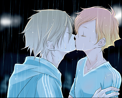 2boys, artra_ttt, blonde_hair, child, closed_eyes, jomy_marquis_shin, kiss, lowres, male_focus, multiple_boys, rain, short_hair, simple_background, soldier_blue, toward_the_terra, wet, yaoi