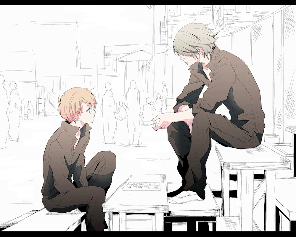 2boys, artra_ttt, child, jomy_marquis_shin, male_focus, multiple_boys, outdoors, soldier_blue