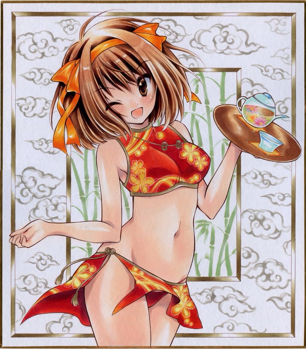 1girl, bad_id, bad_pixiv_id, bikini, brown_eyes, brown_hair, chinese_clothes, female_focus, izumo_neko, looking_at_viewer, navel, one_eye_closed, open_mouth, red_bikini, shikishi, short_hair, solo, suzumiya_haruhi, suzumiya_haruhi_no_yuuutsu, swimsuit, teapot, traditional_media, tray