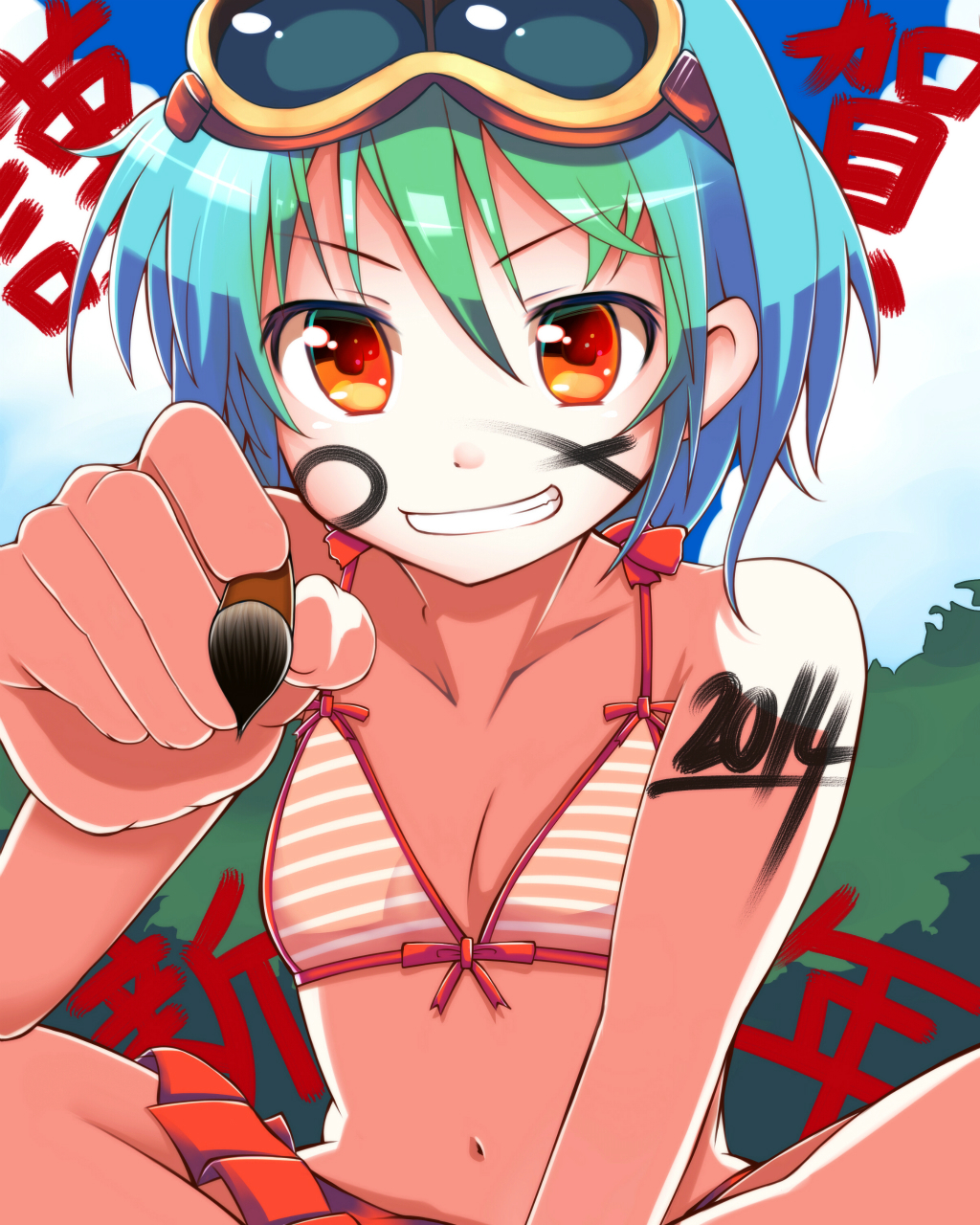 10s, 1girl, 2014, bad_id, bad_pixiv_id, bikini, bikini_top_only, blue_hair, bodypaint, calligraphy_brush, claire_(sennen_sensou_aigis), drawing_on_another's_face, facepaint, flat_chest, goggles, goggles_on_head, green_hair, grin, highres, multicolored_hair, n_(nn_000), navel, new_year, orange_eyes, paintbrush, red_skirt, sennen_sensou_aigis, sitting, skirt, smile, striped_bikini, striped_bikini_top, striped_clothes, swimsuit, two-tone_hair