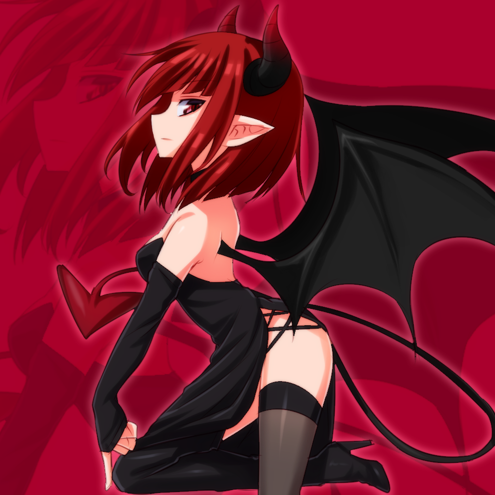 1girl, bad_id, bad_pixiv_id, bare_shoulders, black_dress, black_thighhighs, demon_girl, demon_horns