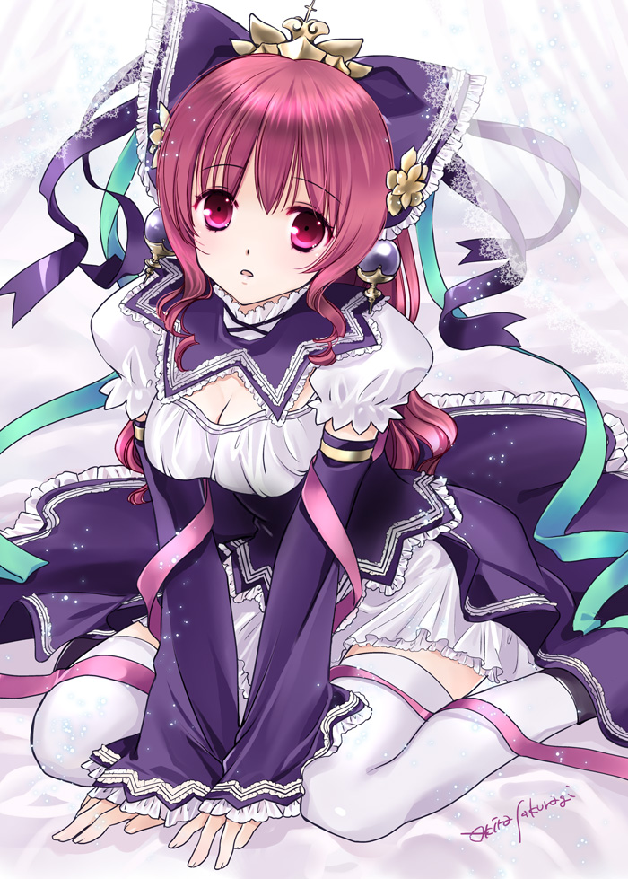 1girl, bow, breasts, cleavage, detached_sleeves, dress, earrings, female_focus, hair_bow, jewelry, long_hair, looking_at_viewer, open_mouth, pink_eyes, pink_hair, ribbon, sakuragi_akira, sangokushi_taisen, sitting, solo, thighhighs, v_arms, wariza, white_thighhighs, xiao_qiao_(sangokushi_taisen)