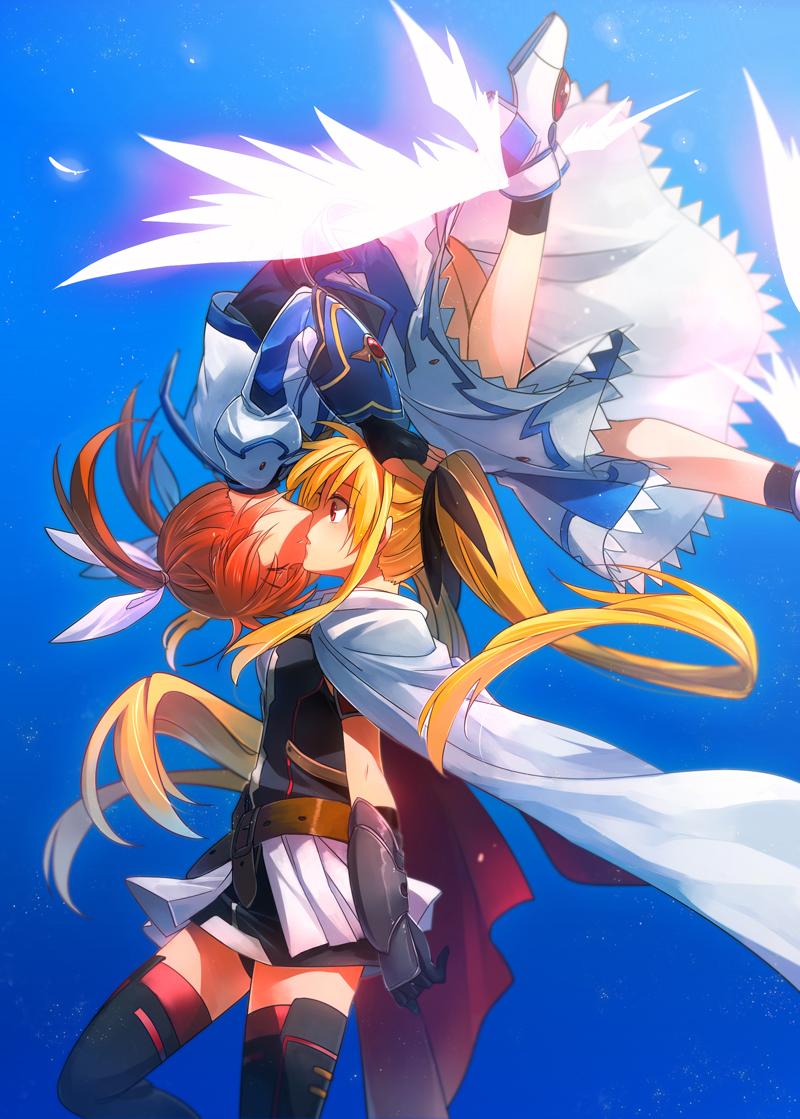 2girls, aki_(neyuki41028), arm_belt, belt, black_panties, blonde_hair, cape, closed_eyes, couple, fate_testarossa, fate_testarossa_(blaze_form), feathers, fingerless_gloves, gloves, hair_ornament, hair_ribbon, kiss, long_hair, lyrical_nanoha, magical_girl, mahou_shoujo_lyrical_nanoha, mahou_shoujo_lyrical_nanoha_a's, multiple_girls, orange_hair, panties, pantyshot, red_eyes, red_hair, ribbon, shoes, skirt, smile, surprised, takamachi_nanoha, takamachi_nanoha_(exelion_mode), thighhighs, twintails, underwear, upside-down_kiss, winged_footwear, wings, yuri