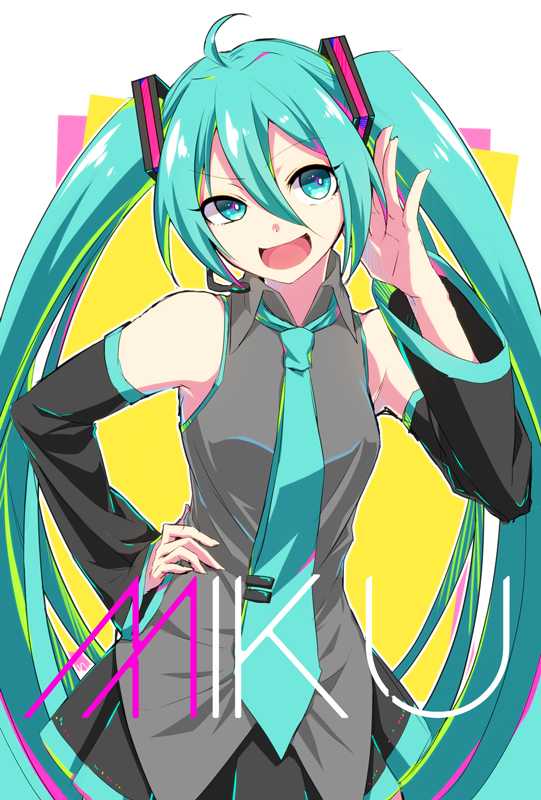 1girl, ahoge, aqua_eyes, aqua_hair, character_name, detached_sleeves, female_focus, hand_on_own_hip