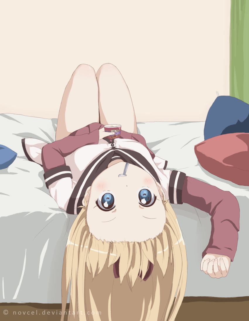1girl, artist_name, bed, blonde_hair, bow, female_focus, food, foreshortening, haagen-dazs, hair_bow, highres, ice_cream, looking_at_viewer, lying, mouth_hold, novcel, on_back, pillow, rum_raisin, school_uniform, serafuku, smile, solo, spoon, teeth, toshinou_kyouko, utensil_in_mouth, watermark, yuruyuri