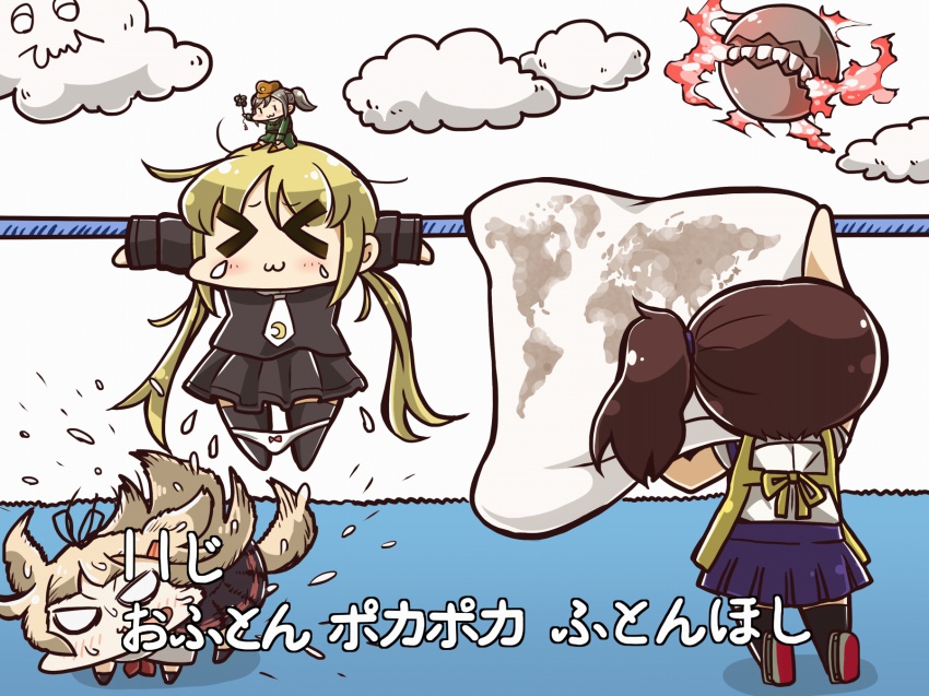 4girls, abyssal_ship, apron, bedwetting, blonde_hair, bow, bow_panties, brown_eyes