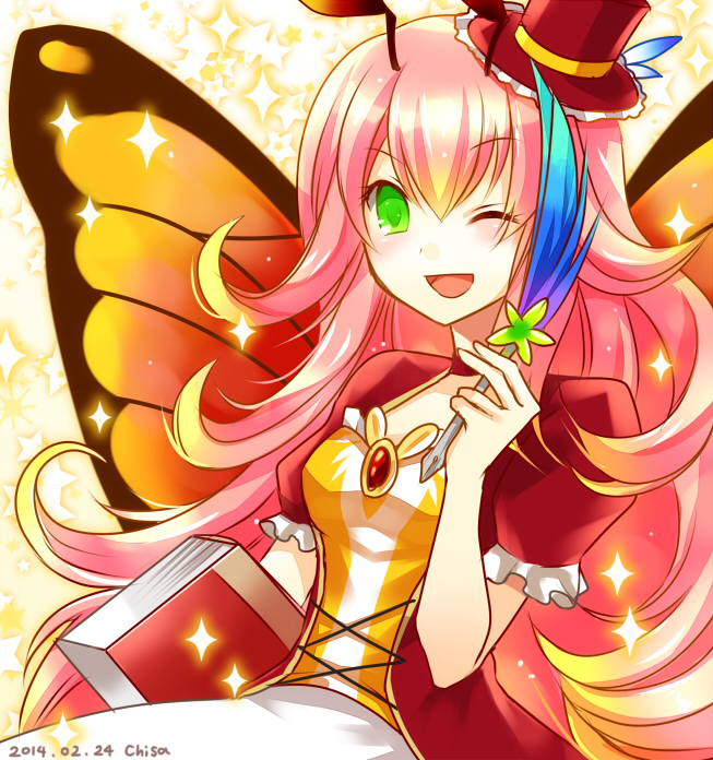 1girl, antennae, artist_name, bad_id, bad_pixiv_id, butterfly_wings, dated, fairy, female_focus, green_eyes, hat, insect_wings, long_hair, mini_hat, mini_top_hat, one_eye_closed, open_mouth, parrot_(p&amp;d), pink_hair, puzzle_&amp;_dragons, smile, solo, top_hat, tsubaki-chisa, wings