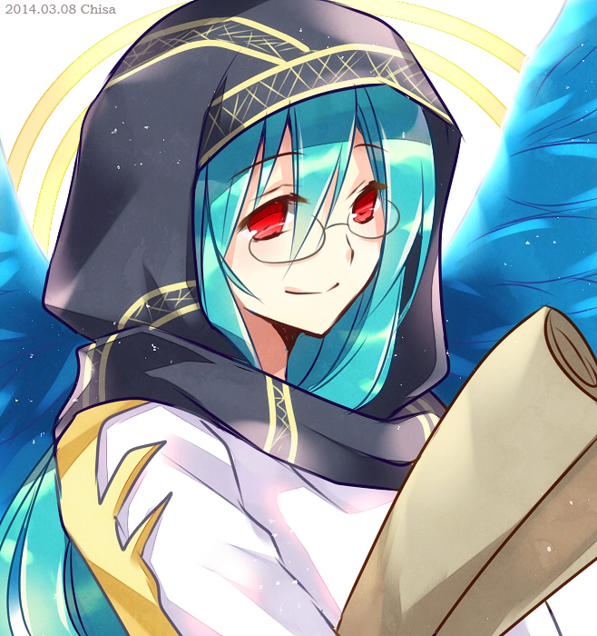 1boy, archangel_gabriel_(p&amp;d), artist_name, bad_id, bad_pixiv_id, blue_hair, dated, glasses, halo, hood, long_hair, long_sleeves, male_focus, puzzle_&amp;_dragons, red_eyes, scroll, simple_background, smile, solo, tsubaki-chisa, white_background