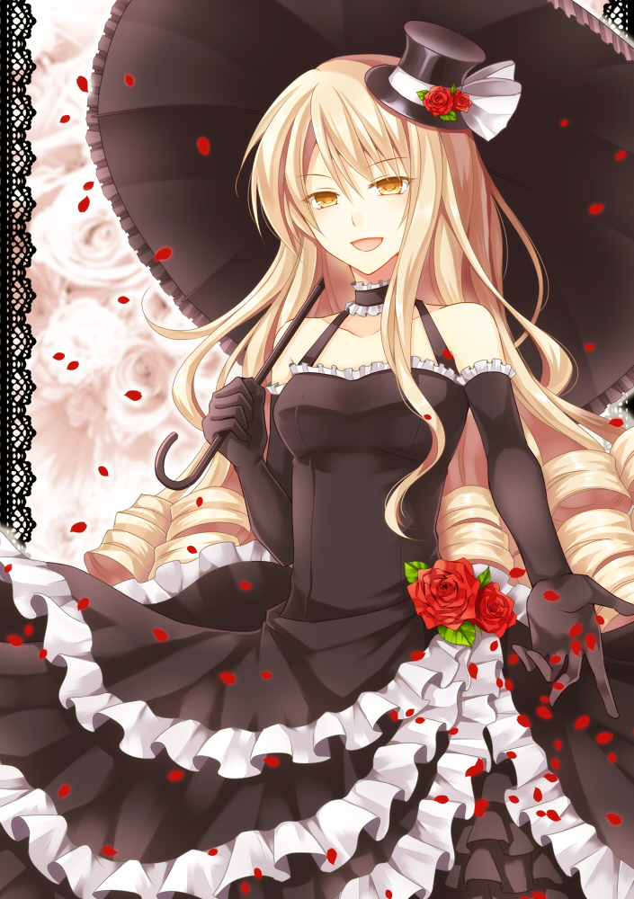 1girl, bad_id, bad_pixiv_id, blonde_hair, dress, elbow_gloves, female_focus, flower, frills, gloves, hat, long_hair, mini_hat, mini_top_hat, open_mouth, rose, shikoku_yonkyoudai, smile, solo, top_hat, tsubaki-chisa, uchi_no_toko_de_wa, yellow_eyes