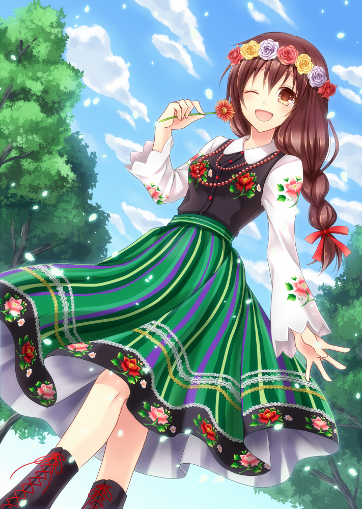 1girl, bad_id, bad_pixiv_id, brown_eyes, female_focus, flower, hair_flower, hair_ornament