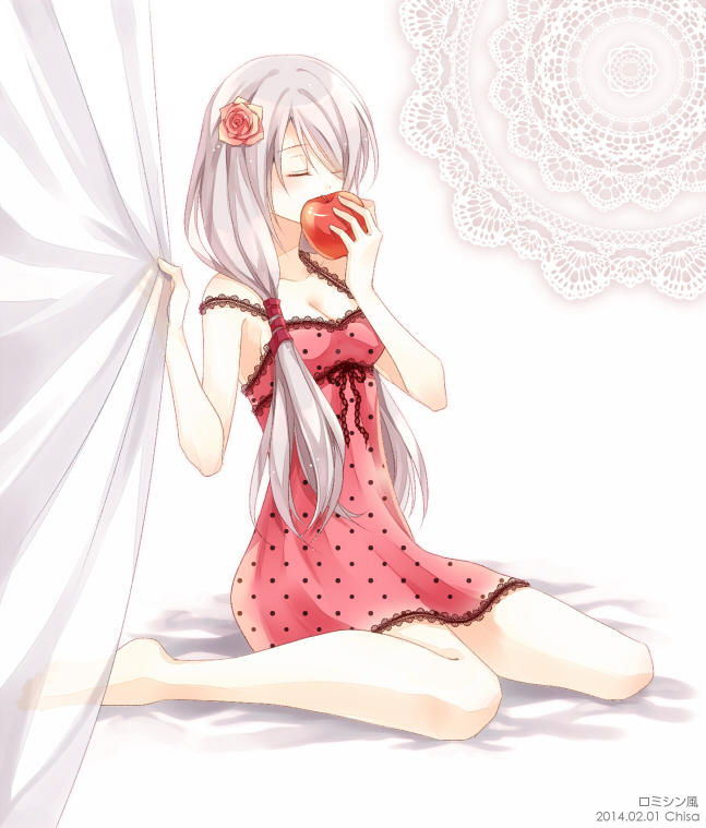1girl, apple, bad_id, bad_pixiv_id, closed_eyes, female_focus, flower, food