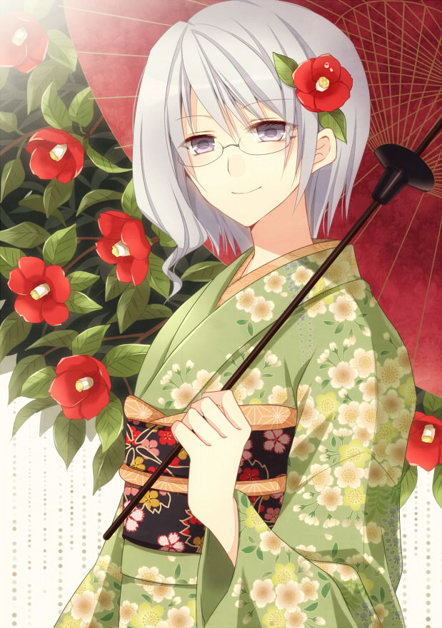 androgynous, bad_id, bad_pixiv_id, flower, gender_request, glasses, hair_flower, hair_ornament