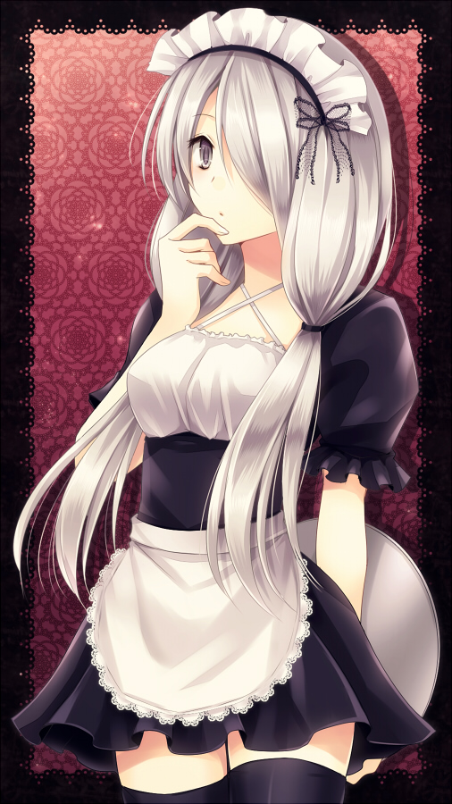 1girl, apron, bad_id, bad_pixiv_id, black_thighhighs, breasts, criss-cross_halter, female_focus