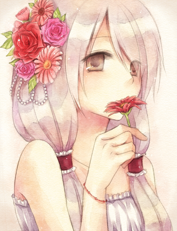 1girl, bad_id, bad_pixiv_id, covered_mouth, eyes_visible_through_hair, female_focus, flower, flower_over_mouth
