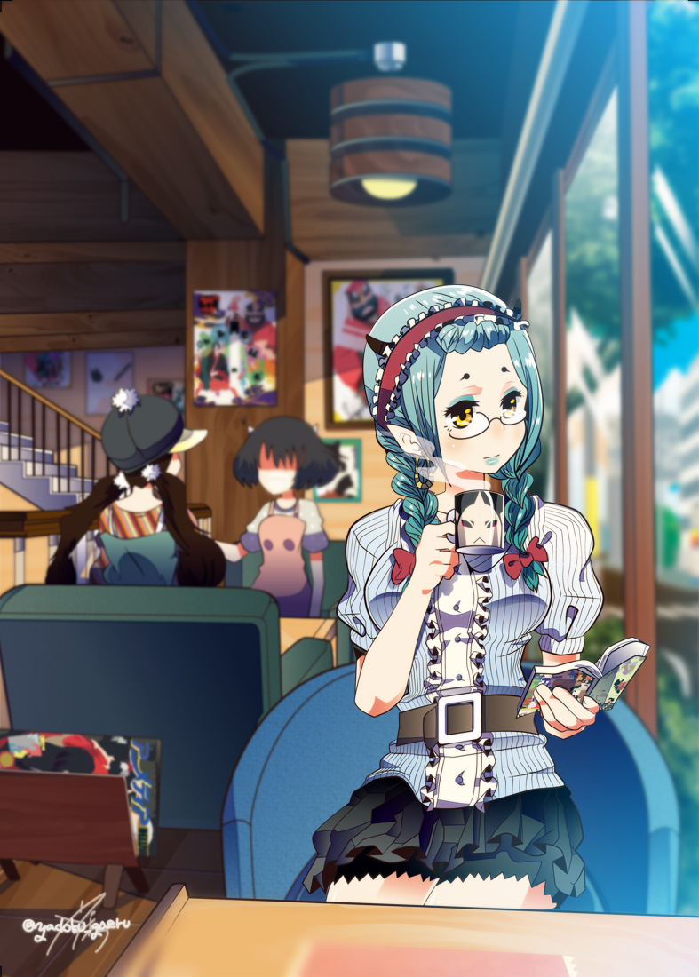 10s, 3girls, bad_id, bad_pixiv_id, baseball_cap, belt, black_hair, blouse