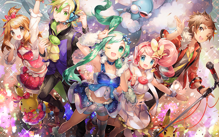 2boys, 3girls, altaria, alternate_costume, ascot, bad_id, bad_twitter_id, blue_eyes, blue_hair, brendan_(pokemon), brendan_(pokemon_oras), brown_eyes, brown_hair, clothed_pokemon, confetti, cosplay, cosplay_pikachu, curtis_(pokemon), dress, gen_1_pokemon, gen_3_pokemon, green_eyes, green_hair, headphones, headset, idol, jacket, lisia_(pokemon), long_hair, looking_at_viewer, may_(contest)_(pokemon), may_(pokemon), may_(pokemon_oras), mega_altaria, mega_pokemon, microphone, microphone_stand, midriff, multiple_boys, multiple_girls, namie-kun, navel, nintendo, one_eye_closed, open_mouth, pikachu, pikachu_pop_star, pikachu_rock_star, pink_hair, pokemon, pokemon_black_2_and_white_2, pokemon_omega_ruby_and_alpha_sapphire, ribbon, shorts, showgirl_skirt, side_ponytail, sidelocks, skirt, smile, sparkle, striped_legwear, thighhighs, two_side_up, v, wink, yancy_(pokemon), zettai_ryouiki