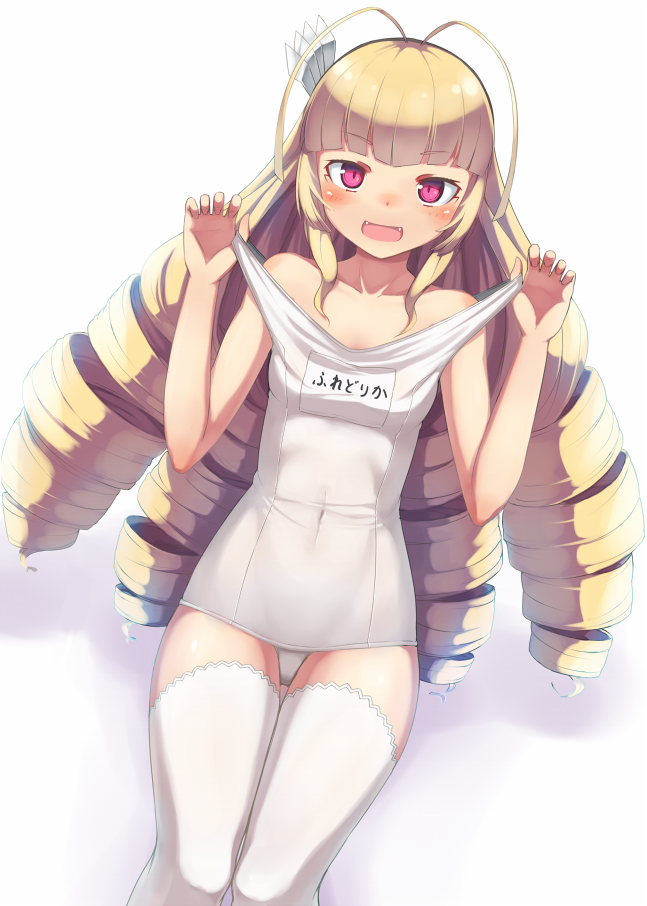 10s, 1girl, :d, antenna_hair, bad_id, bad_pixiv_id, blonde_hair, blush, covered_navel, drill_hair, fangs, female_focus, frederika_(hitsugi_no_chaika), hitsugi_no_chaika, long_hair, looking_at_viewer, one-piece_swimsuit, open_mouth, pink_eyes, school_swimsuit, smile, solo, strap_pull, swimsuit, thigh_gap, thighhighs, u_(kuroinu0107), u_(mikaduki0720), very_long_hair, white_background, white_one-piece_swimsuit, white_school_swimsuit, white_thighhighs