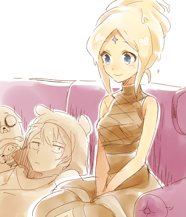 1boy, 1girl, 6_(yuchae), adventure_time, blue_eyes, blush, cartoon_network, dress
