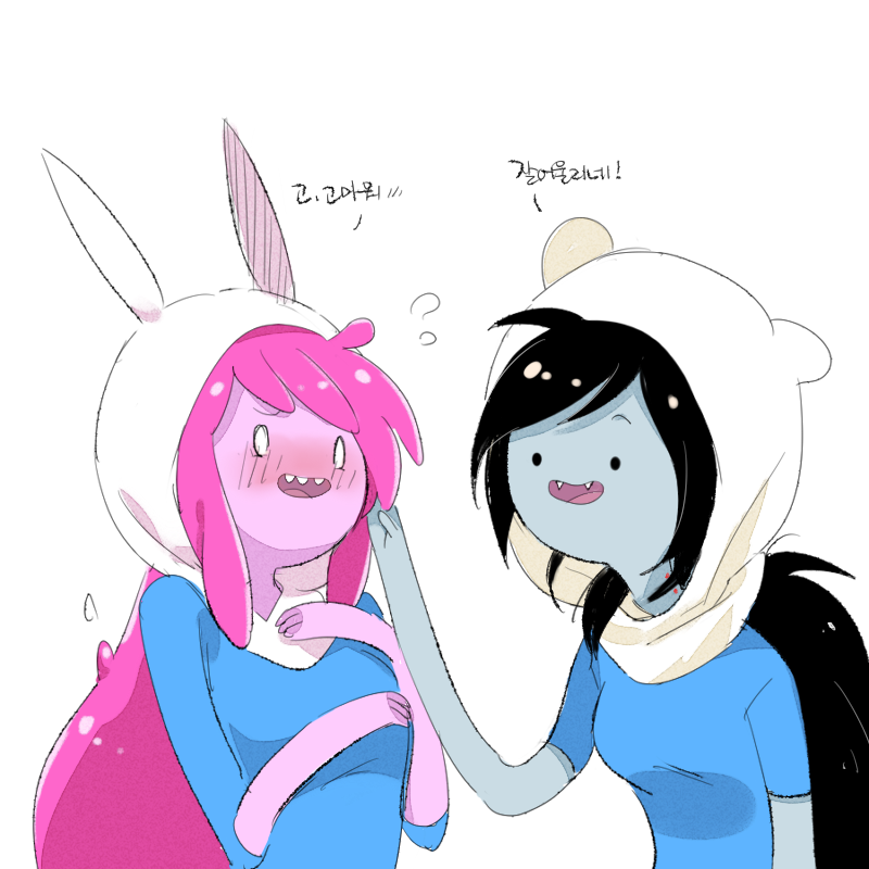 2girls, 6_(yuchae), adventure_time, bite_mark, black_hair, blush, cartoon_network, colored_skin, cosplay, fangs, finn_(cosplay), finn_the_human, finn_the_human_(cosplay), grey_skin, hood, korean_text, long_hair, marceline_abadeer, multiple_girls, o_o, official_style, pink_hair, pink_skin, princess_bonnibel_bubblegum, translated
