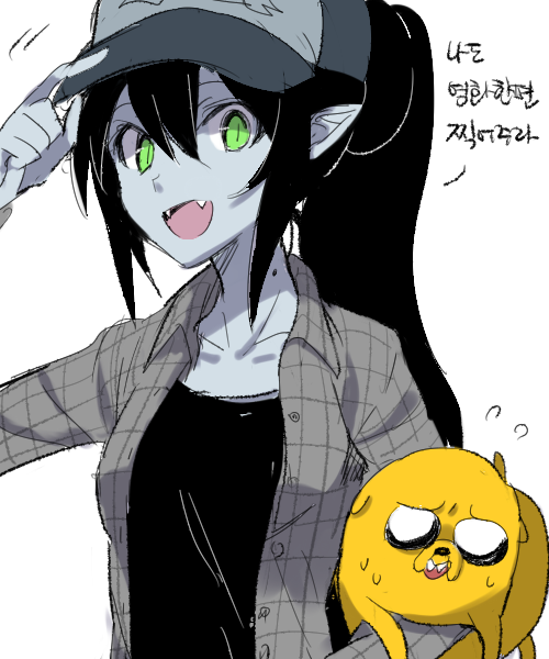 1girl, 6_(yuchae), adventure_time, baseball_cap, bite_mark, black_hair, cartoon_network, colored_skin
