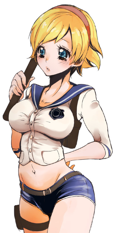 1girl, alternate_costume, backpack, bag, blonde_hair, blue_eyes, blue_sailor_collar, blush, breasts, female_focus, hairband, hand_on_own_hip, holster, large_breasts, lips, midriff, navel, osuro_namishi, puckered_lips, randoseru, resident_evil, resident_evil_2, resident_evil_6, sailor_collar, school_uniform, sherry_birkin, short_hair, short_shorts, shorts, skin_tight, solo, thigh_holster, undersized_clothes