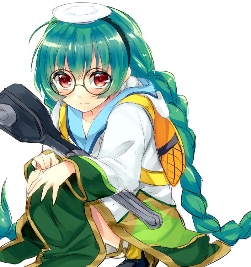 1girl, ahoge, artist_request, blush, braid, check_artist, collarbone, dress, female_focus, glasses, green_hair, hairband, hand_on_own_knee, long_hair, long_sleeves, looking_at_viewer, maru_eda, maruki_(punchiki), ole_tower, red_eyes, simple_background, socket_wrench, socket_wrench_(ole_tower), solo, squatting, twin_braids, very_long_hair, white_background