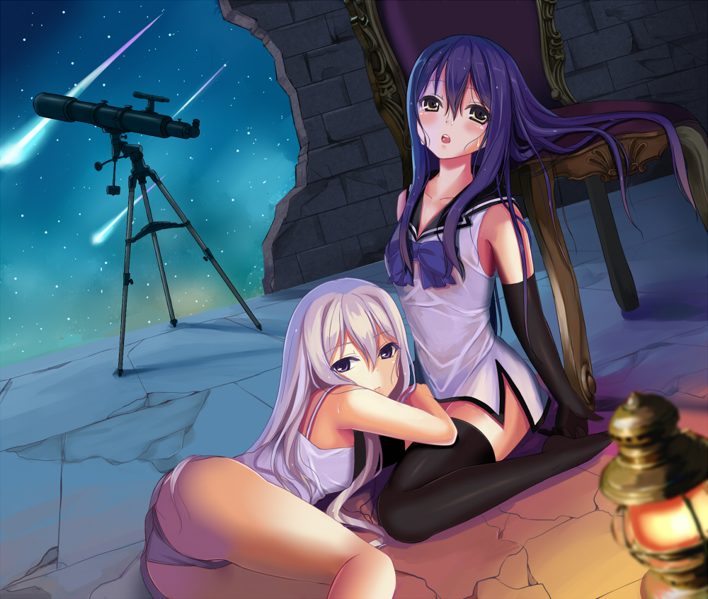 10s, 2girls, ass, bad_id, bad_pixiv_id, bare_shoulders, chair, dutch_angle, elbow_gloves, fujisaki_mako, gloves, gokukoku_no_brynhildr, hole_in_wall, kuroha_neko, lantern, long_hair, looking_at_viewer, lying, lying_on_lap, multiple_girls, nine_wangwang, panties, pantyshot, purple_eyes, purple_hair, sailor_collar, shooting_star, siblings, silver_hair, sisters, sitting, sky, sleeveless, star_(sky), starry_sky, telescope, thighhighs, underwear, very_long_hair, wariza, wet, wet_clothes, yellow_eyes