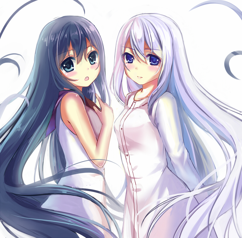 10s, 2girls, aged_down, aqua_eyes, bad_id, bad_pixiv_id, blue_eyes, blue_hair, fujisaki_mako, gokukoku_no_brynhildr, kuroha_neko, long_hair, multiple_girls, nine_wangwang, siblings, silver_hair, simple_background, sisters, very_long_hair, white_background