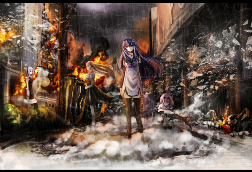 10s, 6+girls, absurdres, akatsukiame, black_cat, blonde_hair, bow, broken_glass, cat, crossed_arms, debris, detached_sleeves, dust_cloud, fire, fujisaki_mako, glass, gokukoku_no_brynhildr, highres, kazumi_schlierenzauer, kuroha_neko, letterboxed, light_purple_hair, maid_headdress, multiple_girls, no_eyes, outstretched_arms, pink_hair, purple_eyes, purple_hair, rain, sailor_collar, siblings, sisters, sitting, smoke, standing, tachibana_kana, takatori_kotori, thighhighs, tokou_nanami, twintails, wheelchair, zettai_ryouiki