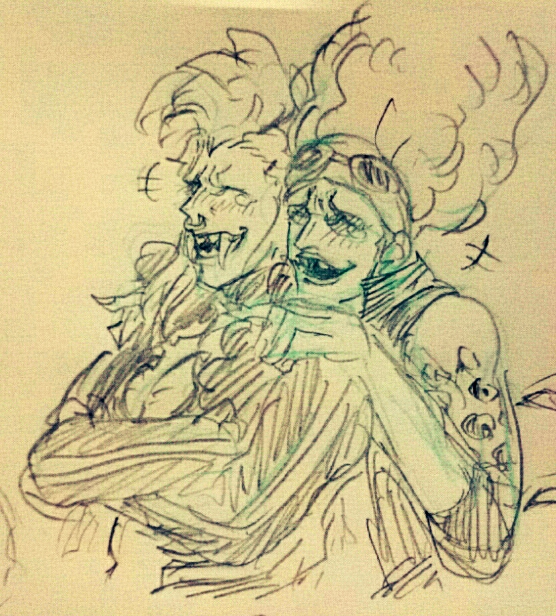 2boys, bartolomeo, dressrosa, eyewear_on_head, face_piercing, fangs, gambia, laughing, male_focus, monochrome, multiple_boys, nose_piercing, nose_ring, one_piece, piercing, pirate_costume, ryu-911, sketch, sunglasses, tattoo