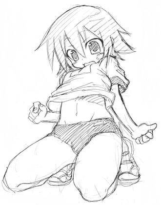 00s, :3, buruma, greyscale, gym_uniform, kneeling, kusakabe_misao, lowres, lucky_star, midriff, monochrome, short_hair, sketch, solo, tenka_taihei